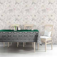 Green Celtic cross, harp, and shamrock tablecloth with matching border and motifs