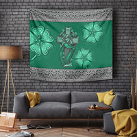 Green Irish Celtic tapestry with cross-and-harp center, shamrocks, and ornate border