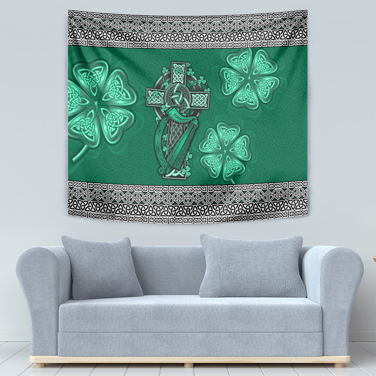 Green Irish tapestry with Celtic cross-and-harp emblem, shamrocks, and ornate trim