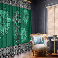 Green Celtic window curtain with cross-and-harp centerpiece and shamrock clover motifs