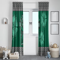 Green Celtic curtain panels with cross, harp, shamrock clover graphics and repeating border