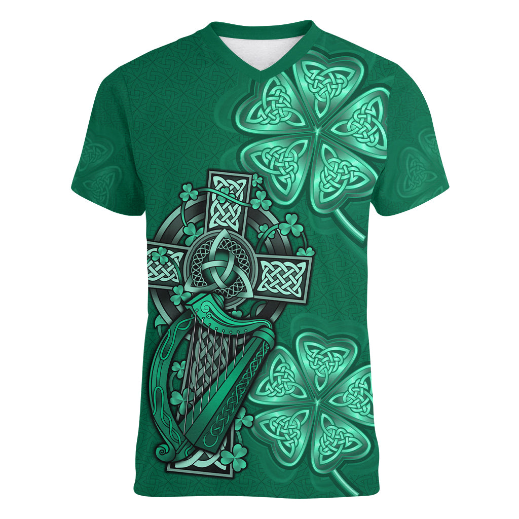 irish-celtic-cross-and-harp-with-ireland-shamrock-personalized-women-v-neck-t-shirt