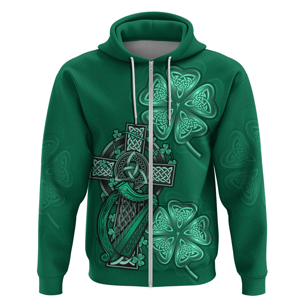 Green zip hoodie with Celtic cross, harp, and shamrock graphic on chest