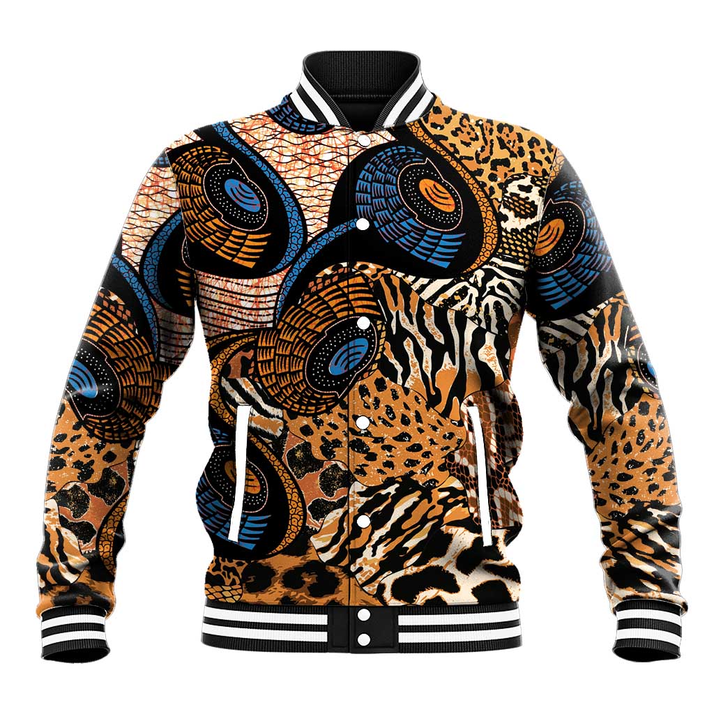 Unisex black baseball jacket with colorful animal-skin motifs and striped ribbed cuffs