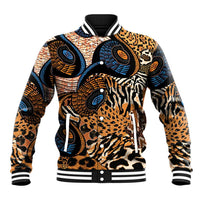 Unisex black baseball jacket with colorful animal-skin motifs and striped ribbed cuffs