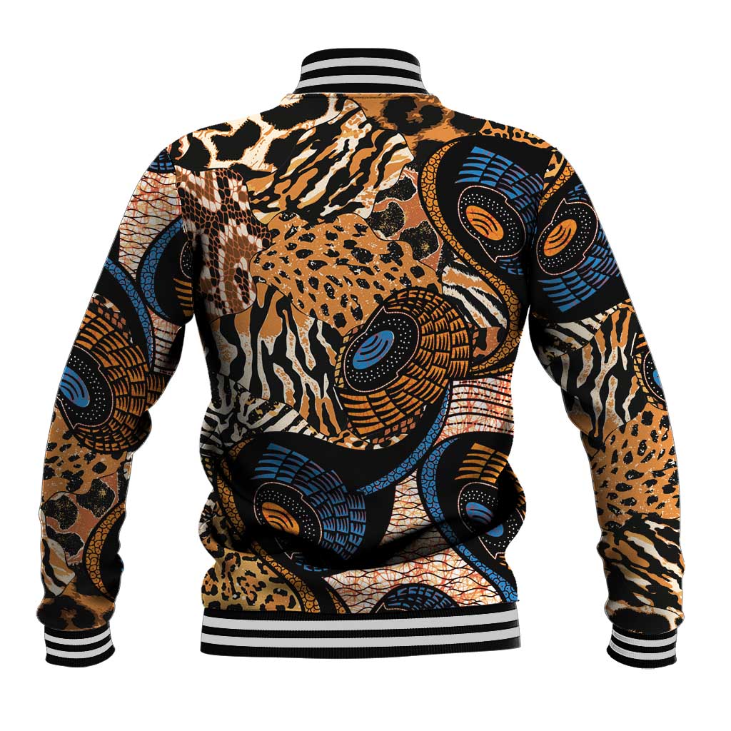 Unisex baseball jacket with large animal print motifs in orange, blue, and black; ribbed hem