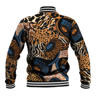 Unisex baseball jacket with large animal print motifs in orange, blue, and black; ribbed hem