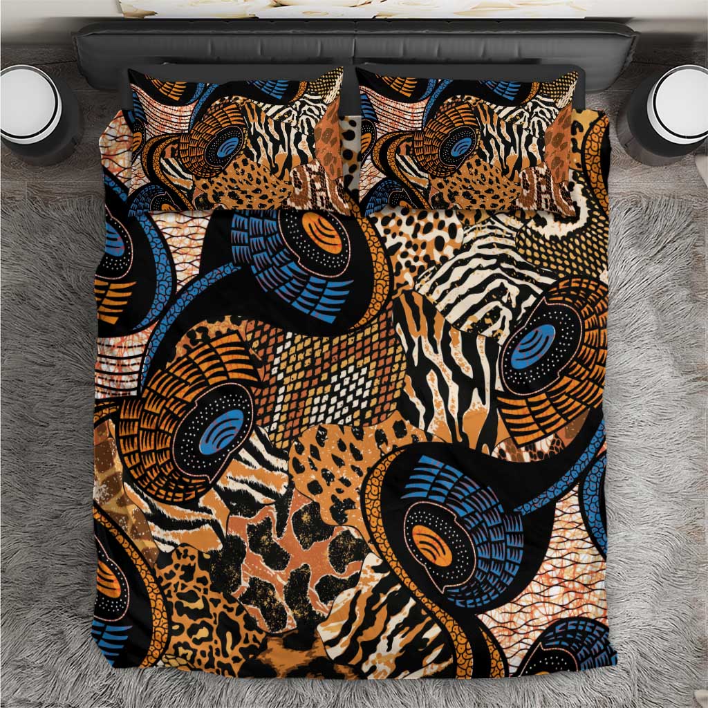 Animal-skin motif bedding set with zebra, leopard, and blue circular designs; includes pillows