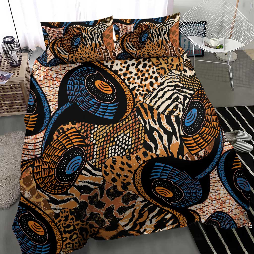 Bedding set with zebra and leopard prints in blue, orange, and black; includes two pillowcases