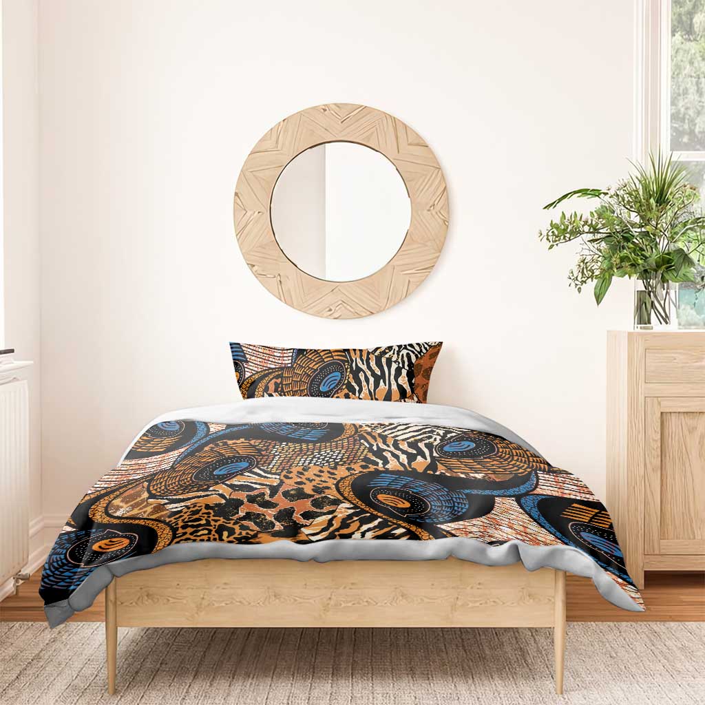 Bedding set with zebra and leopard patterns in blue and orange; two pillowcases