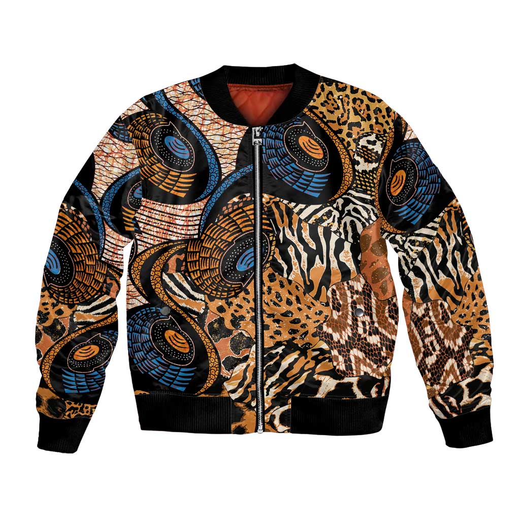 Unisex bomber jacket with black ribbed cuffs and patchwork animal skin prints, front zipper