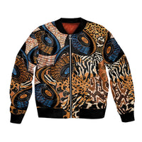 Unisex bomber jacket with black ribbed cuffs and patchwork animal skin prints, front zipper