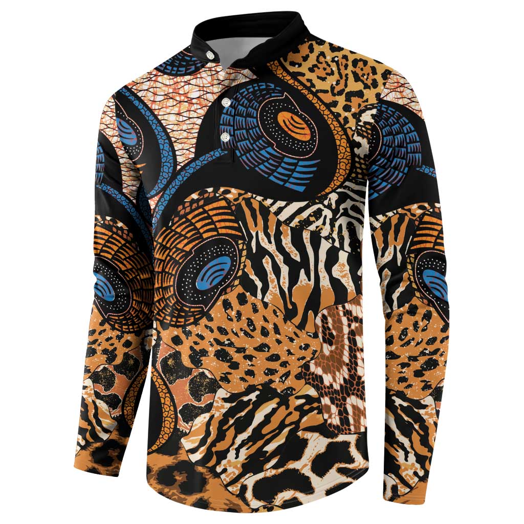 Black button sweatshirt with front placket and animal-skin circular Ankara motifs