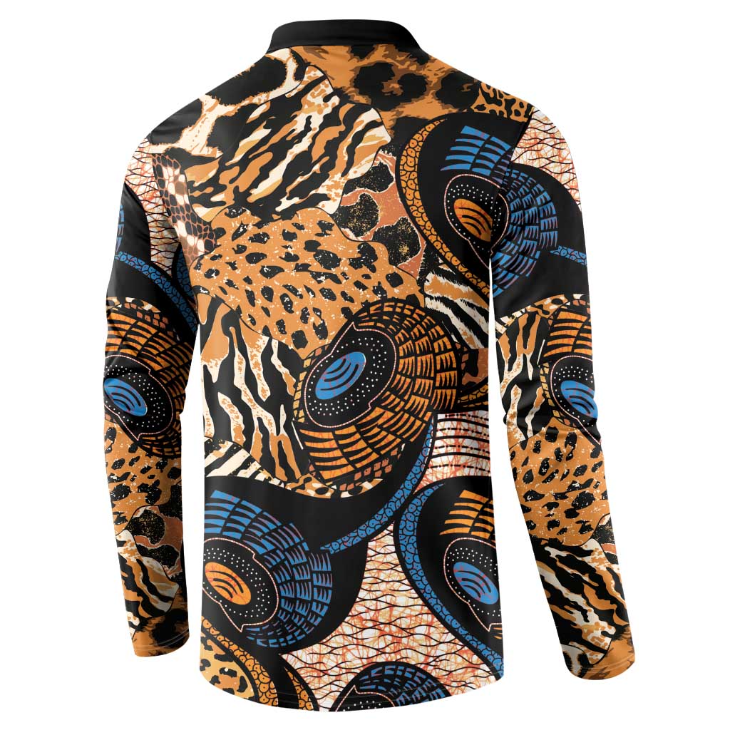 Black button sweatshirt with back print of zebra and leopard-style animal motifs