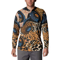 Black button sweatshirt worn by male model with animal-skin and circular Ankara motifs