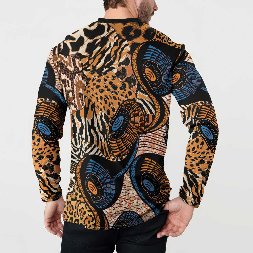 Black button sweatshirt back view with zebra stripes, leopard spots, and circular motifs