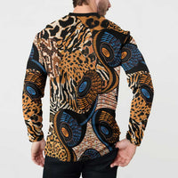 Black button sweatshirt back view with zebra stripes, leopard spots, and circular motifs
