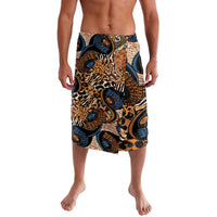 Knee-length black lavalava with tan leopard print and blue circular motifs