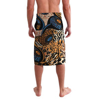 Knee-length black lavalava skirt with leopard animal print and blue ring designs