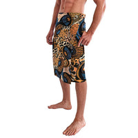Black knee-length lavalava with tan animal-skin print and blue circular accents