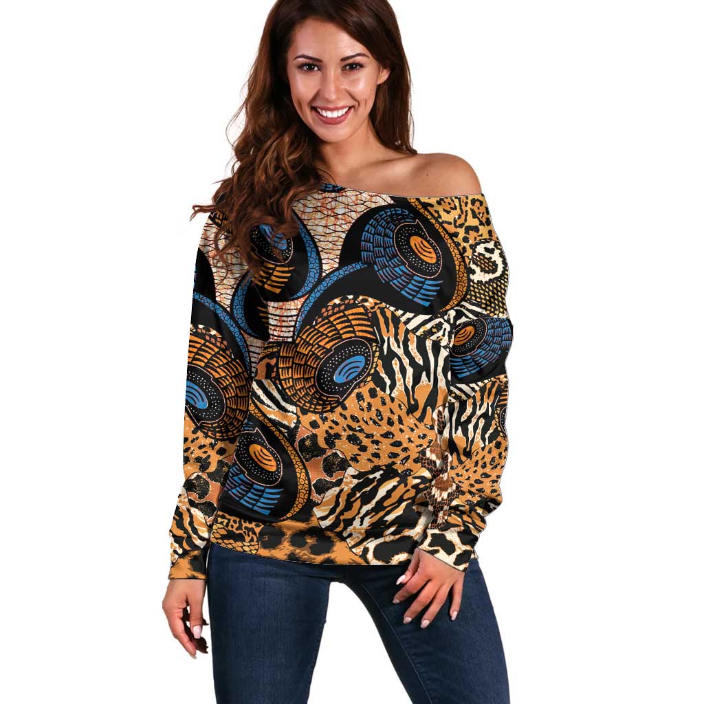 African Ankara Motifs Mixed Animal Skins Off Shoulder Sweater