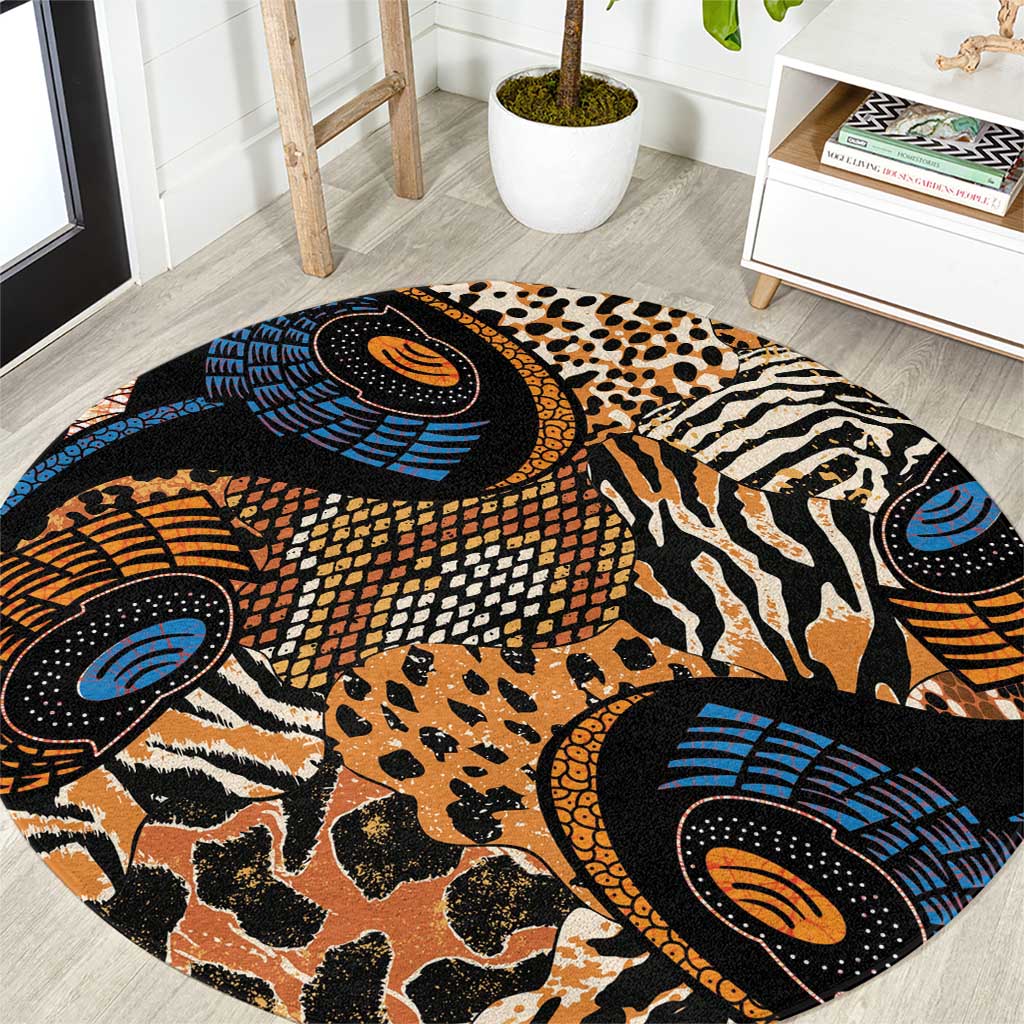 African Ankara Motifs Mixed Animal Skins Round Carpet - Wonder Print Shop