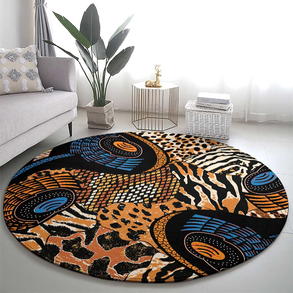 Round patterned carpet with animal print medallions in blue, orange, and black