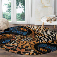 Round animal print rug with large blue-orange medallion circles and black highlights