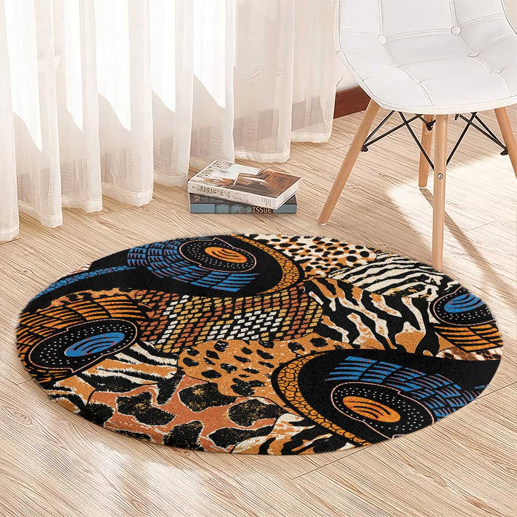 Round zebra-and-animal print rug with blue and orange circular designs on black