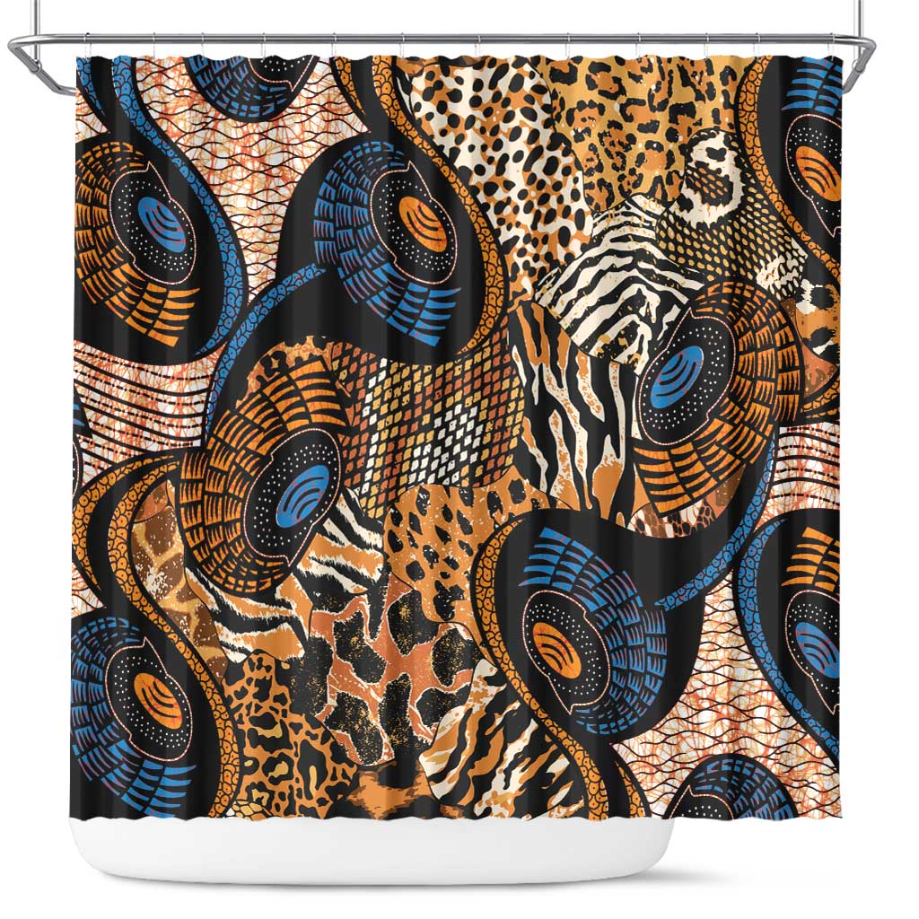 Tribal animal-print shower curtain with zebra and leopard motifs in blue, orange, black