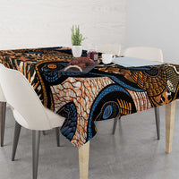 Square tablecloth featuring black, tan, orange, and blue animal-skin pattern