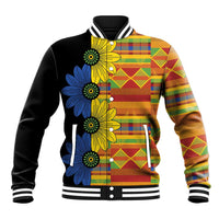 Unisex baseball jacket with black sleeves, colorful kitenge floral plaid front and striped rib trim