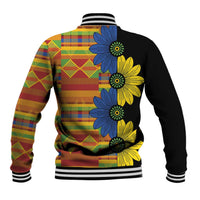 Unisex baseball jacket with colorful kitenge floral plaid back, black sleeves, striped ribbed cuffs