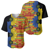 Baseball jersey front and side view with kitenge plaid floral print and black sleeves