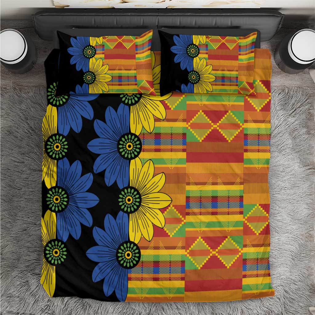 Black kitenge-style duvet cover with blue and yellow flower print and multicolor patchwork