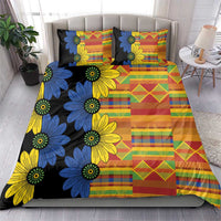 Black floral duvet cover with matching square pillow featuring blue/yellow flowers and patchwork