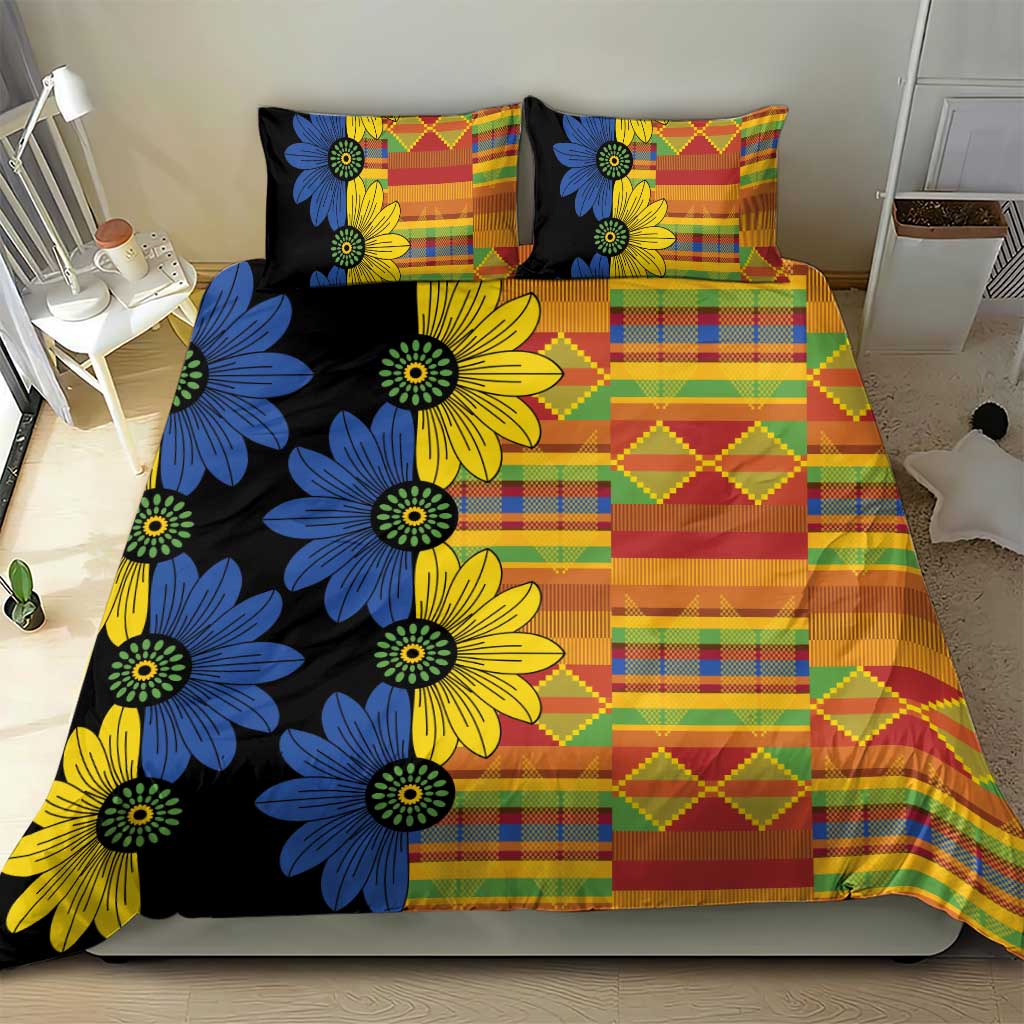 Black floral duvet cover with two matching pillows; blue/yellow flowers over multicolor blocks