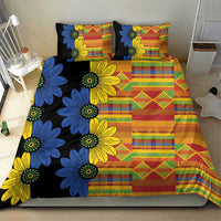 Black floral duvet cover with two matching pillows; blue/yellow flowers over multicolor blocks