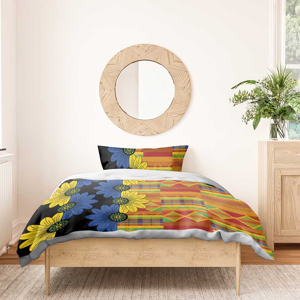 Black floral duvet cover with blue and yellow flowers and multicolor patchwork panels