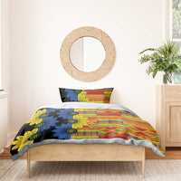 Black floral duvet cover with blue and yellow flowers and multicolor patchwork panels