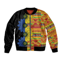 Unisex black bomber jacket with colorful patchwork panels, zip front, floral print