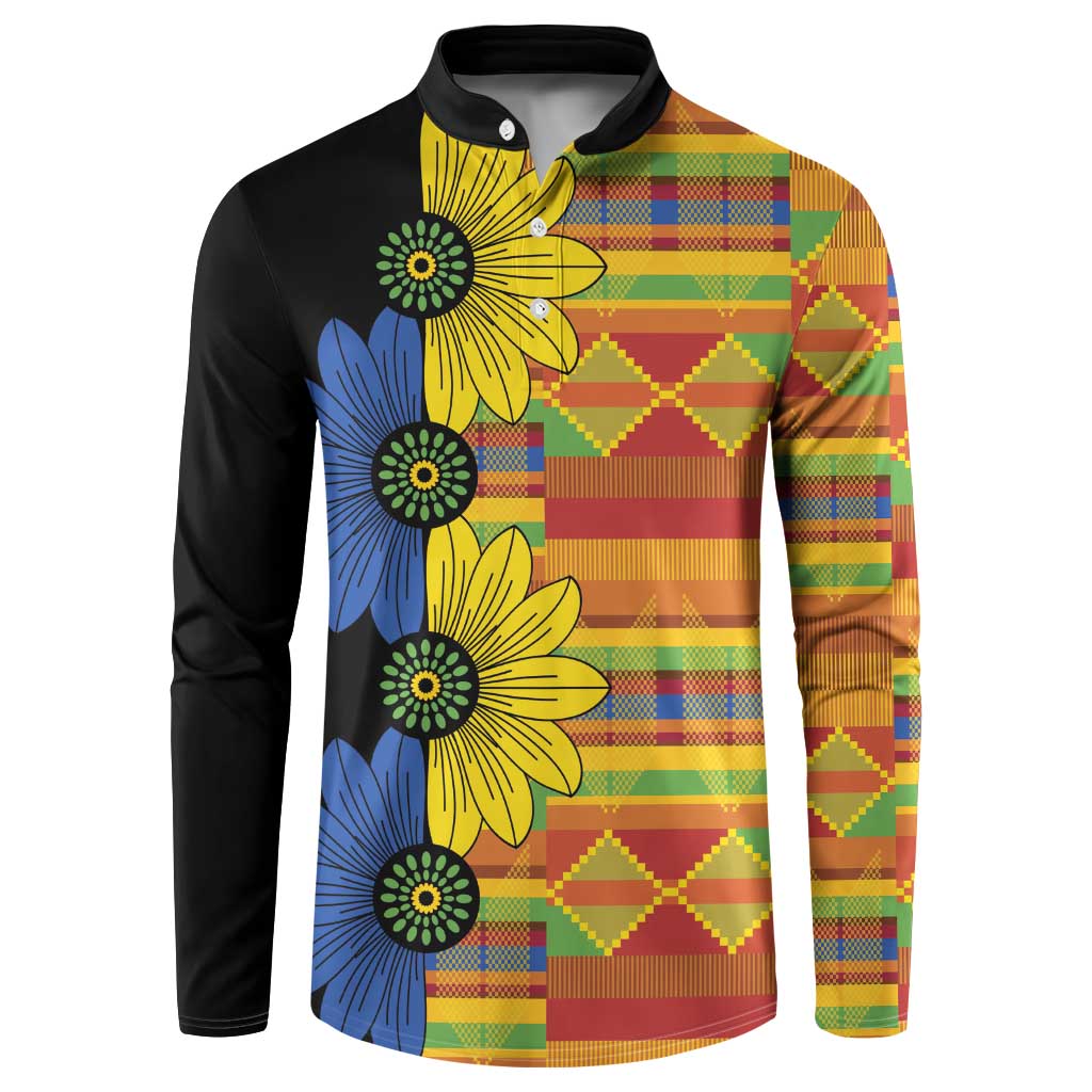 Black long-sleeve button sweatshirt with kitenge floral plaid front