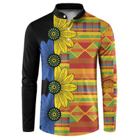 Black long-sleeve button sweatshirt with kitenge floral plaid front