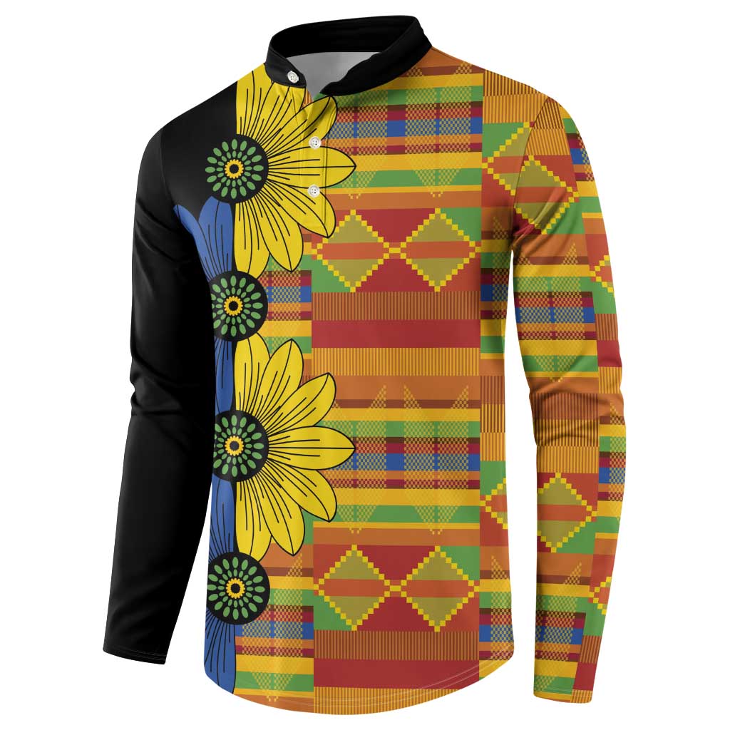 Black long-sleeve button sweatshirt with floral and plaid kitenge pattern