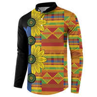 Black long-sleeve button sweatshirt with floral and plaid kitenge pattern