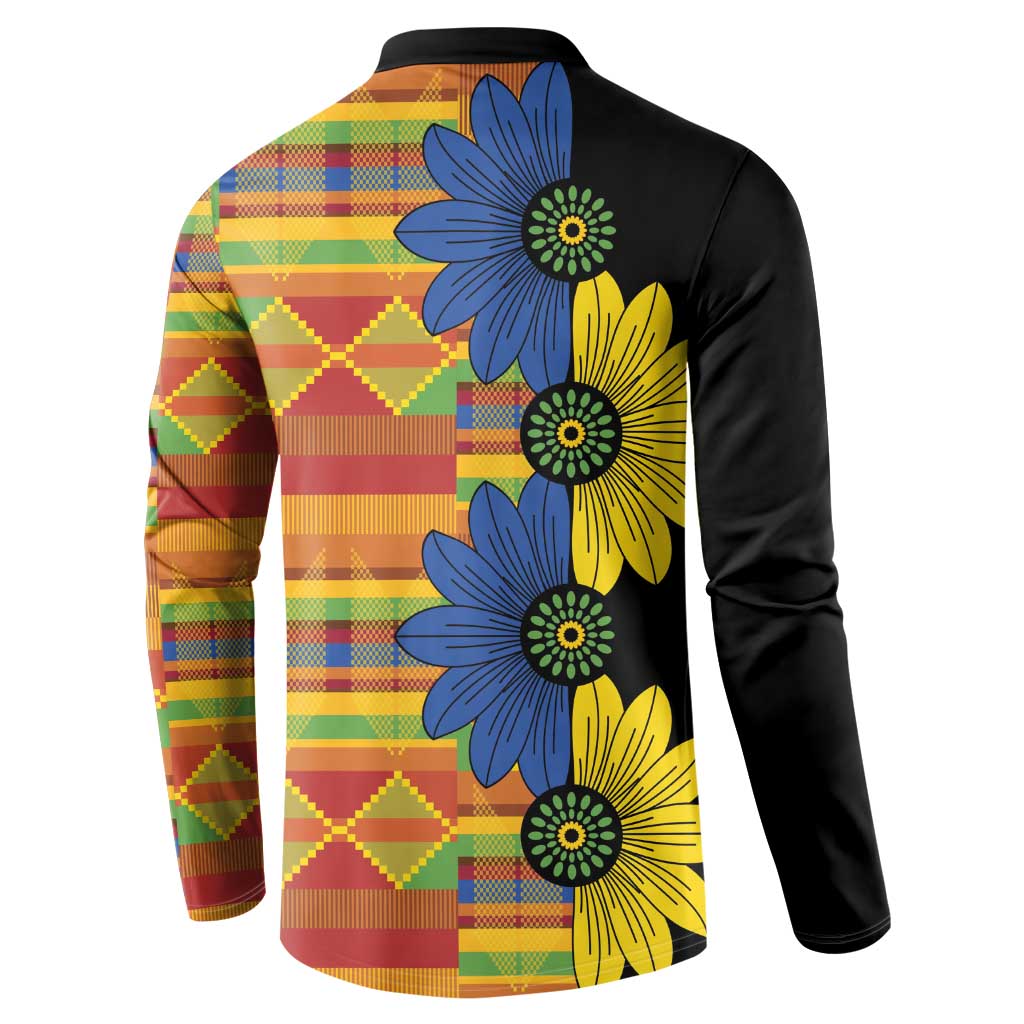 Black long-sleeve button sweatshirt with blue and yellow floral kitenge panel on back