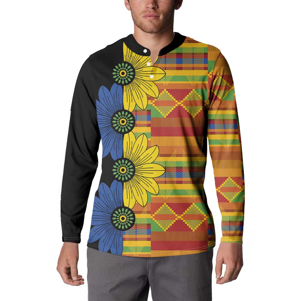 Long-sleeve button sweatshirt with black sleeves and colorful kitenge floral plaid