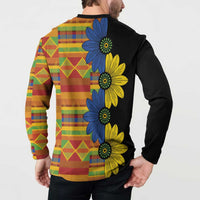 Black long-sleeve button sweatshirt with blue/yellow floral kitenge print on back
