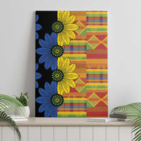 Canvas wall art with black background, yellow and blue daisies, and multicolor geometric grid