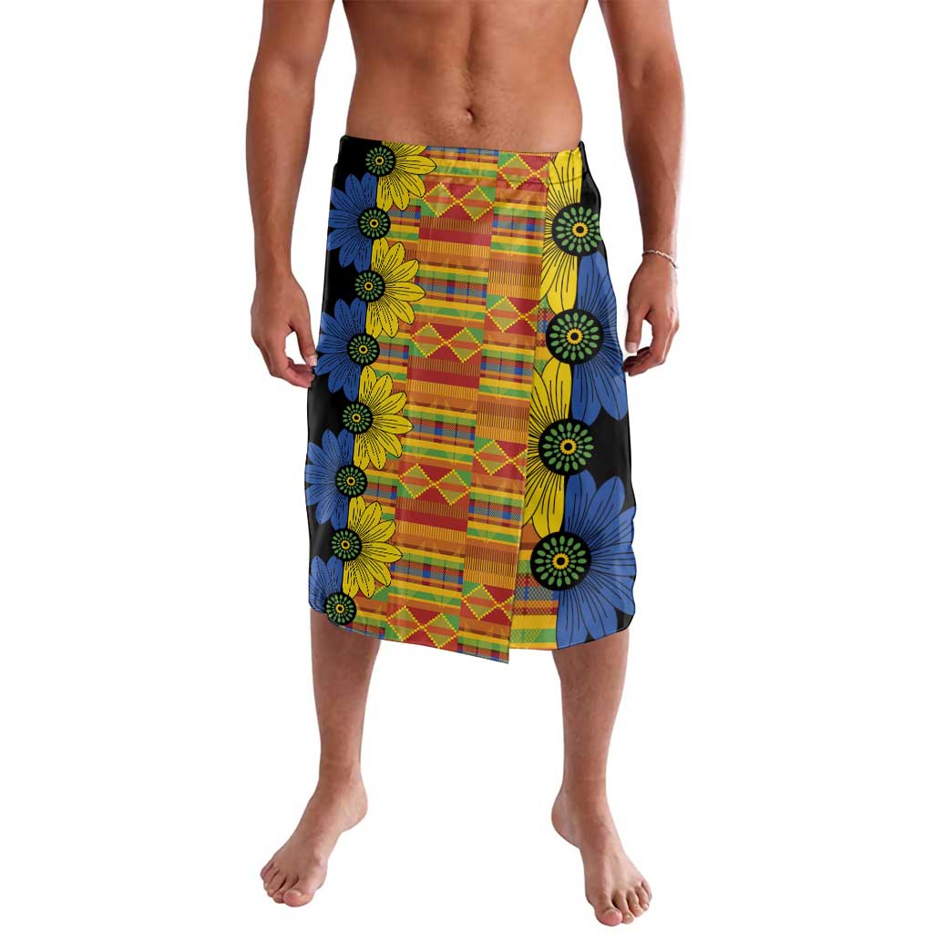 Colorful kitenge print lavalava skirt with blue and yellow floral panels, black waistband